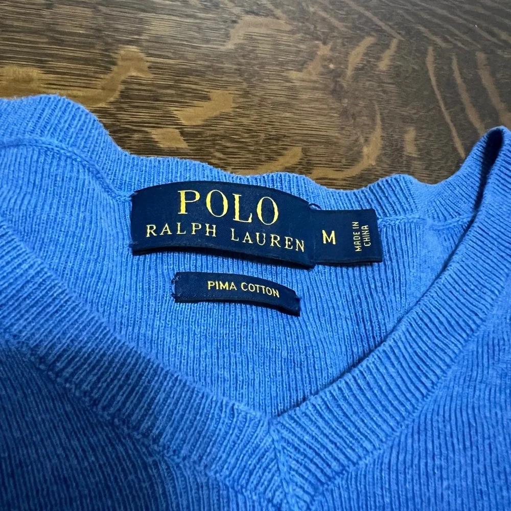 Polo Ralph Lauren Sweater Mens Medium Blue Pima Cotton V-Neck Pony Logo